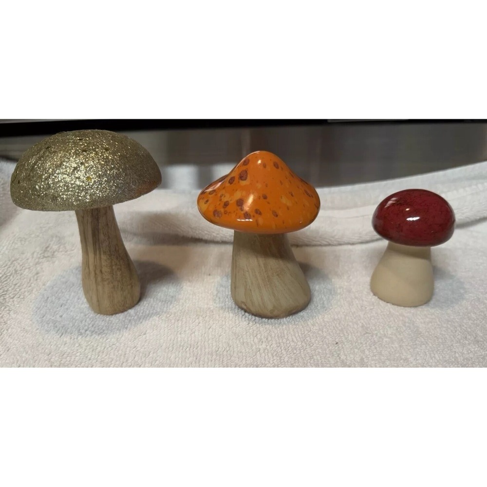 Mushroom Figurine Lot Of 3 Gold Orange And Red. Wooden And‎ Ceramic.
